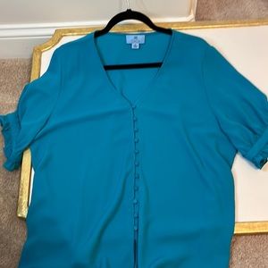 Cece turquoise button v-neck top with ruffle trim sleeves